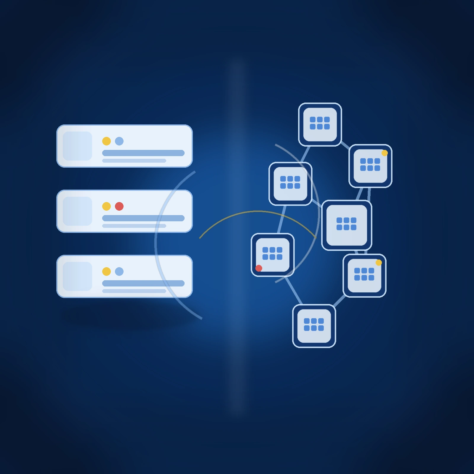 Ilustracao em tons de azul comparando servidores virtuais em pilha com um cluster de containers interconectados