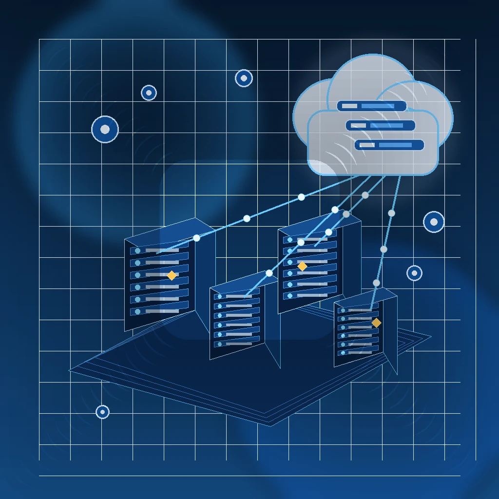 Ilustração em tons de azul mostrando cluster de virtualização e nuvem corporativa baseada em Proxmox
