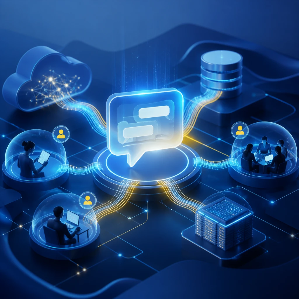 Ilustração abstrata de atendimento com inteligência artificial conectando clientes, equipe e sistemas